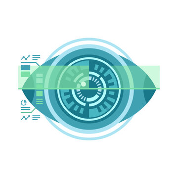 Futuristic robotic eye scanning process with digital HUD data charts in a modern flat vector illustration style