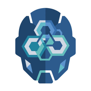 Futuristic android data core head and artificial intelligence brain structure with glowing geometric shapes in a modern flat vector illustration style
