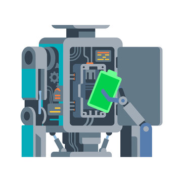 Robotic arm swapping or replacing a battery cell in an automated machine system in a modern flat vector illustration style