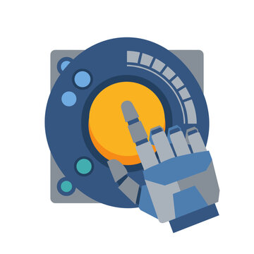 Robotic hand pushing a large orange central button on a futuristic control panel in a modern flat vector illustration style