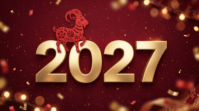 Chinese zodiac goat symbol celebrating new year 2027 with festive gold glitter background