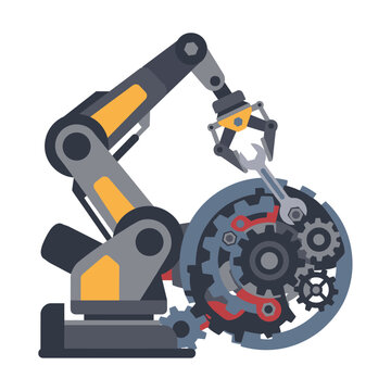 Robotic arm assembling complex mechanical gears with a wrench in a modern flat vector illustration style