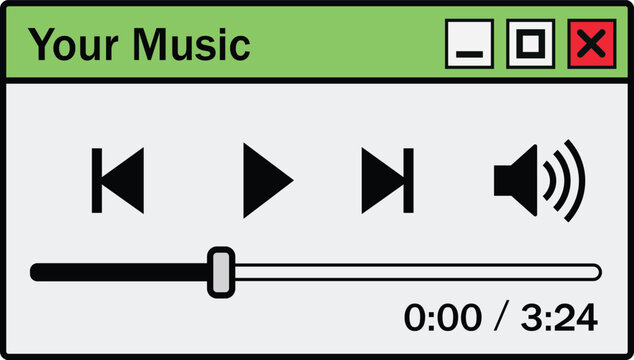 Audio music media player interface software application window, retro y2k computer aesthetic desktop interface element, nostalgic 90s digital ui graphic vector.