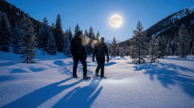 Couple snowshoeing under the moonlight in a snowy landscape for winter adventure