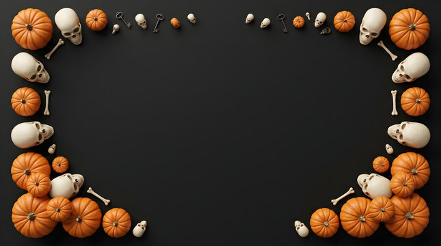 Autumn pumpkins and gourds border with dark background