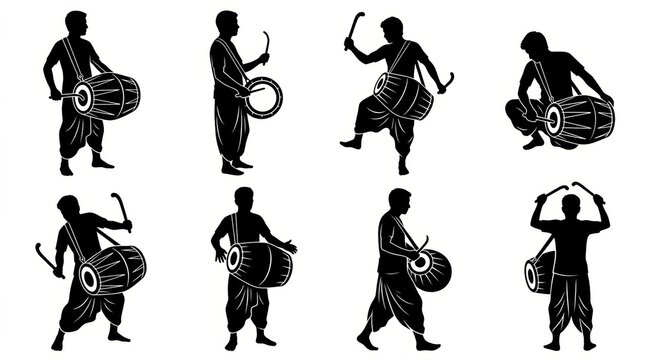 A collection of black silhouettes featuring traditional indian drummers performing rhythmic music during cultural festivals and religious celebration events