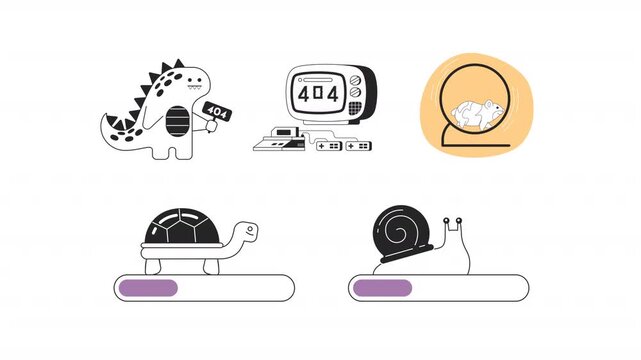Slow loading bar and 404 error black and white line animation pack. Retro game console. Hamster wheel. Funny dinosaur. Snail and turtle progress animated outline 4K video set on transparent background
