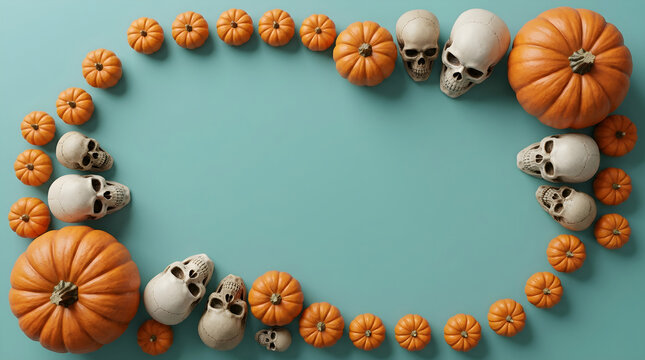 Halloween frame with pumpkins skulls and turquoise background