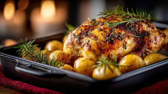 Herb roasted whole chicken with baby potatoes in black baking pan for festive holiday dinner background and poster design