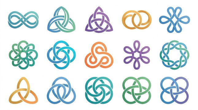 A collection of colorful geometric knot patterns and intricate celtic inspired symbols arranged in a neat grid on white