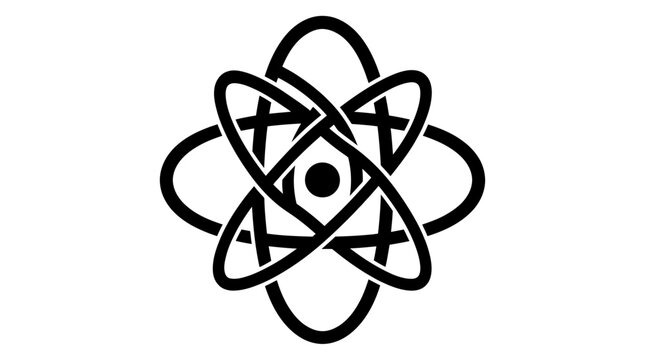 Atomic science symbol, black atom icon vector, nuclear energy physics logo