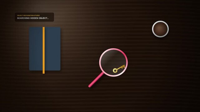Object Recognition Studio Concept, Searching Hidden Object & Vintage Key Found HUD Motion Graphics, 4K