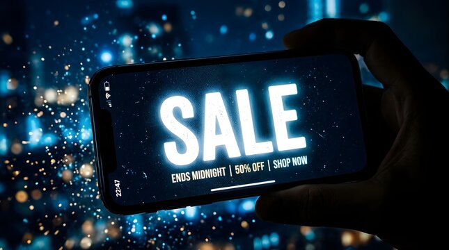 Smartphone displaying a glowing sale advertisement with 50 percent discount