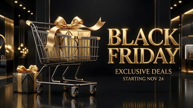 Black friday shopping cart with golden gift box and luxury branding