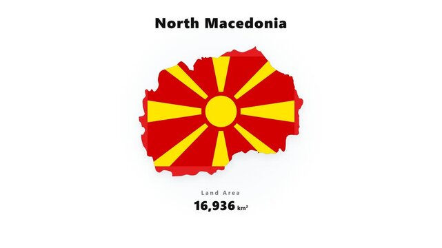 North Macedonia map silhouette with red and yellow sun emblem flag design centered on white background for geography education and tourism infographic presentation