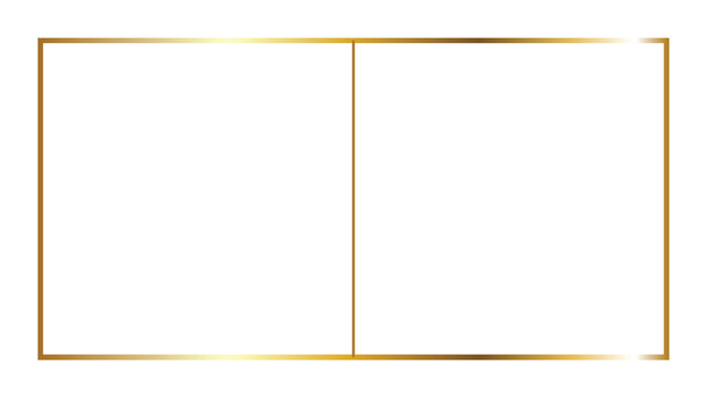 Two rectangular white panels framed by a metallic gold border, split screen template with shiny golden edges and clean white backgrounds