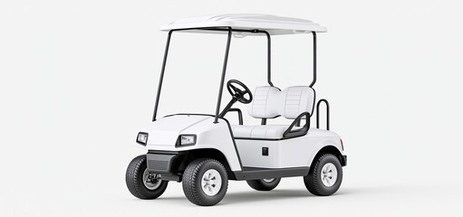 Fototapeta premium Modern golf cart showcased from the front against a white background, perfect for outdoor and leisure marketing.
