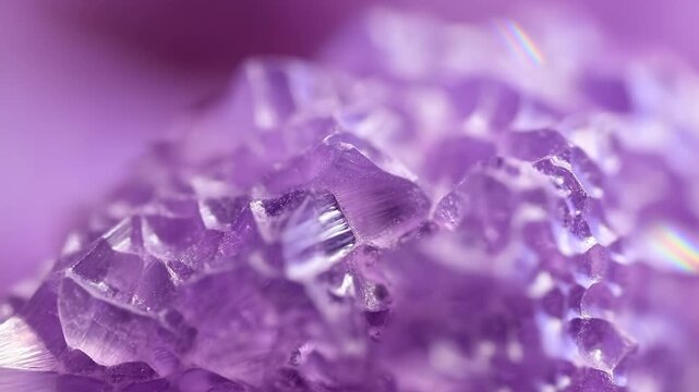 Purple crystal fragments shimmer in a softly blurred macro mineral texture. Luxury branding, wellness promotion, and jewelry advertising.