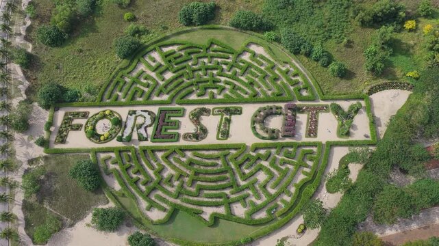 Aerial view of Forest City hedge maze in Gelang Patah, Malaysia.