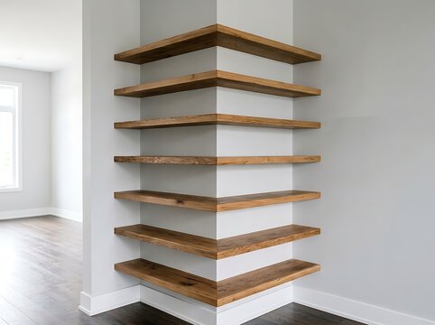 Modern interior design featuring empty wooden floating shelves mounted on a white corner wall in a bright room