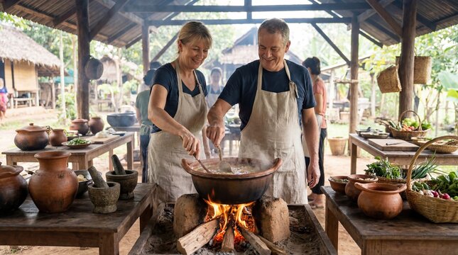 Couple cooking traditional clay pot dish in outdoor cooking class for culinary experience