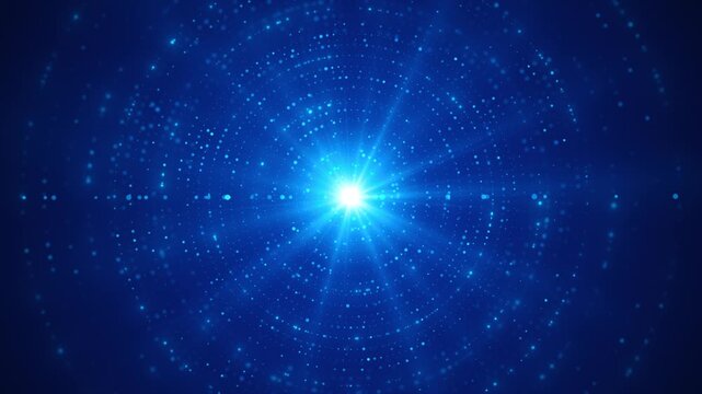 Glowing blue dots orbit a radiant across cosmic background, forming immersive digital vortex. data transfer, neural systems, virtual reality, innovation films, meditation visuals, cinematic motion