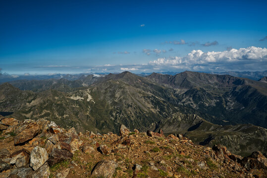 View from Pic de la Font Blanca mountain peak in Pyrenees mountains on borders between Andorra and France
