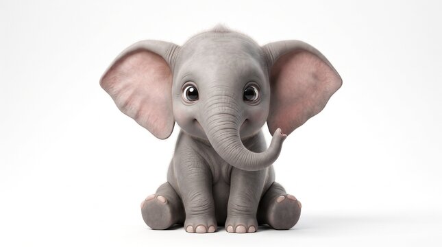 A charming 3D render of an adorable baby elephant with large expressive eyes and big pink-lined ears sitting playfully on a clean white background.