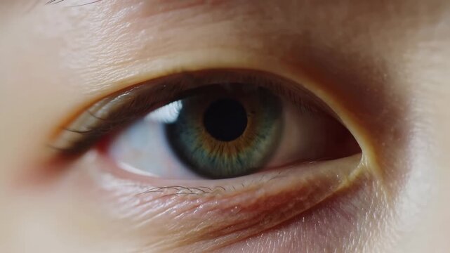 Extreme close-up of a green human eye with subtle movement in an indeterminate facial setting. Eye care advertising, optometry services, and ophthalmology education.