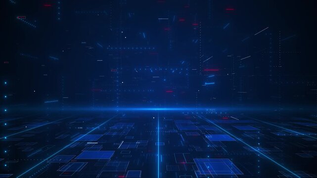 Digital grids futuristic floor luminous points, indicators, labels float above. financial analytics, stock market reports, artificial intelligence, business growth, trading technology presentations.