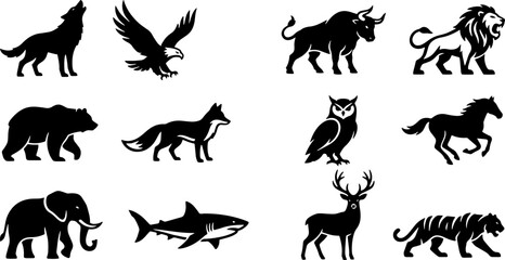 Obraz premium Collection of black silhouette animal icons featuring wild creatures like wolves bears eagles and big cats