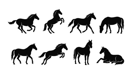 Obraz premium Editable stroke a vector illustration of eight different horses in various poses, including galloping, rearing, grazing, walking, and lying down