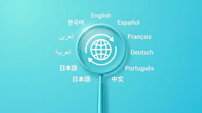 Language translation and global communication concept. Magnifying glass with globe icon and multiple language text words on turquoise background