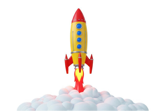 Yellow and red toy rocket ship taking off with a cloud of smoke