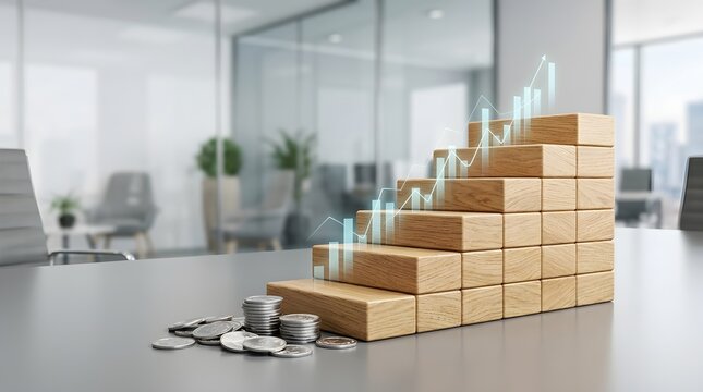Wooden Blocks Stacked Like Stairs with Rising Financial Charts on Office Desk