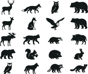 Fototapeta premium Wild Forest Animal Silhouettes Vector Set Deer Bear Fox Owl Wildlife Icon Bundle