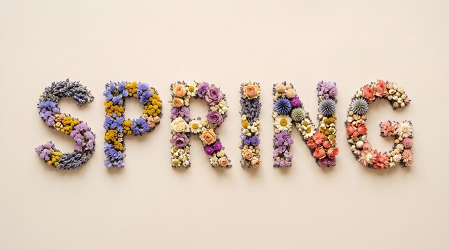 Word spring made of colorful flowers on a light beige background