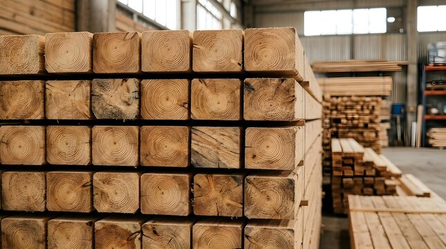 Warehouse Storage of Stacked Lumber Ready for Construction and Manufacturing
