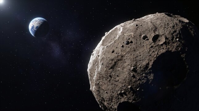 Asteroid floating in deep space with small distant Earth in background and metallic ore glints for interplanetary resource exploration detailed concept scene