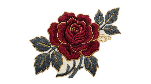 Intricate Maroon Rose Embroidered Patch Design Featuring Detailed Stitching and Elegant Floral Artistry on a Clean White Background