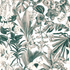 Obraz premium Vintage hand-painted tropical botanical print in delicate watercolor, featuring exotic orchid, lush palm, monstera and vivid flower. An artisanal composition with natural pigment texture.