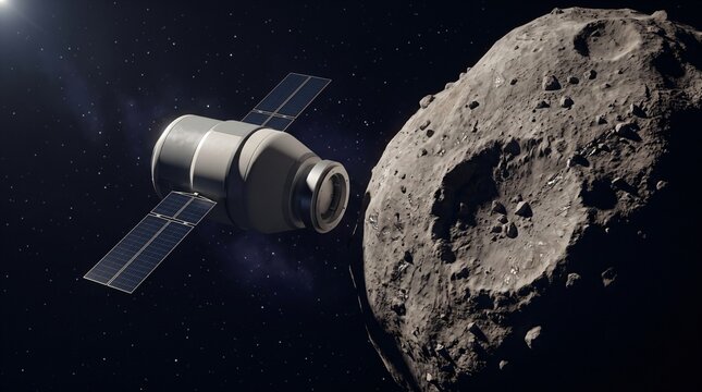 Space mining vessel docking with asteroid in deep space with robotic arms and star field background for resource extraction detailed concept scene