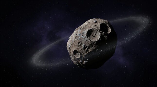 Rotating asteroid in deep space with rocky surface and metallic ore glints illuminated by distant sunlight for cosmic mining exploration theme detailed