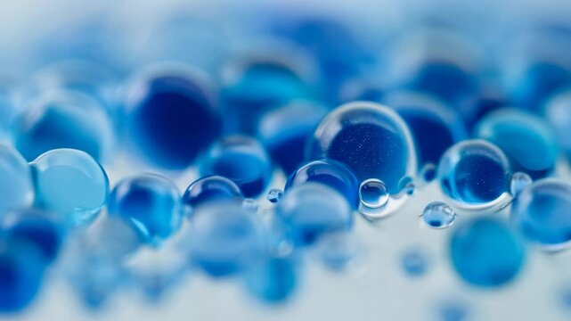 Blue translucent bubbles drift across an abstract fluid surface. Cosmetic advertising, skincare branding, and science presentation.