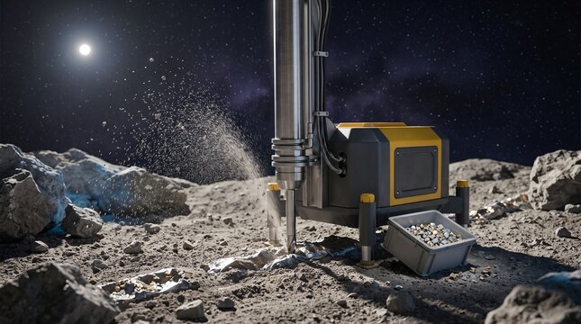 Asteroid mineral extraction scene with robotic equipment on rocky surface in deep space with metallic ore glints and star field background detailed