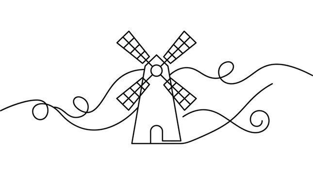 Minimalist line art vector illustration of an agricultural windmill drawn with continuous strokes on white background