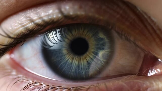 Extreme close-up of a blue-green human eye blinking and shifting focus in a detailed facial view. Eye care advertising, optometry services, and ophthalmology campaigns.