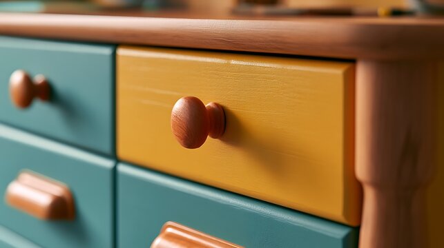 Colorful Painted Wooden Chest of Drawers with Yellow and Teal Fronts.