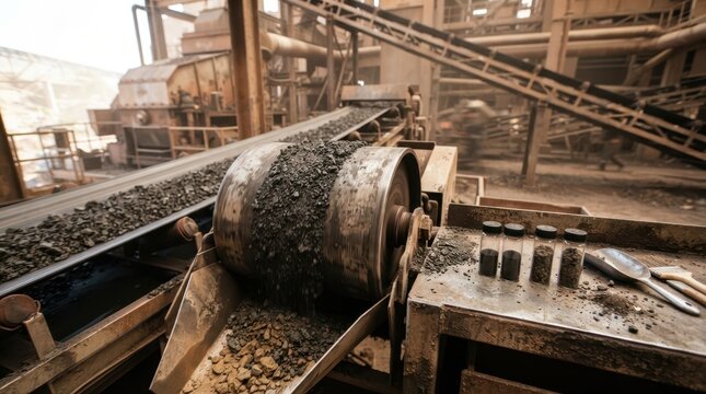 Critical mineral extraction scene with magnetite ore, magnetic separator drum, crushed rock and concentrate conveyor in a mine