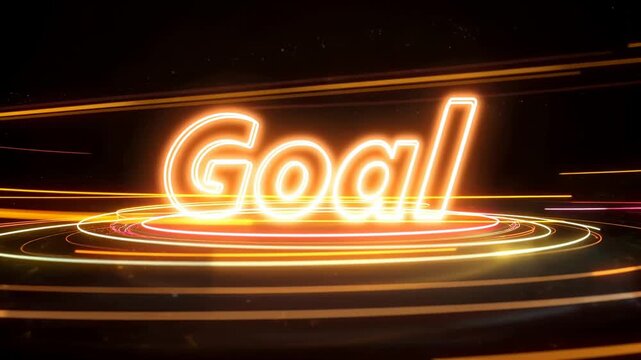 Glowing goal typography rises through rotating orange light rings in dark abstract space. Motivational opener, business presentation, and personal development content.